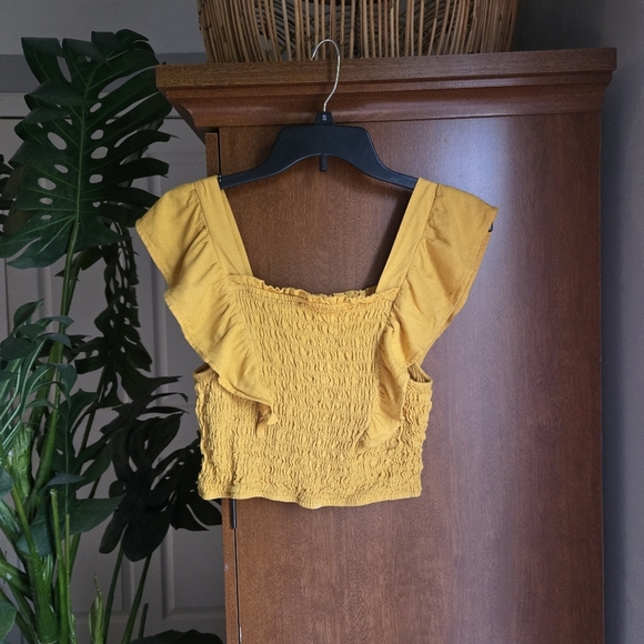 Monteau Yellow Cropped Smocked Ruffle Strap Sleeve Blouse - Picture 2 of 5